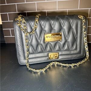 Valentino By Mario Valentino Black Quilted Crossbody with Gold Accents